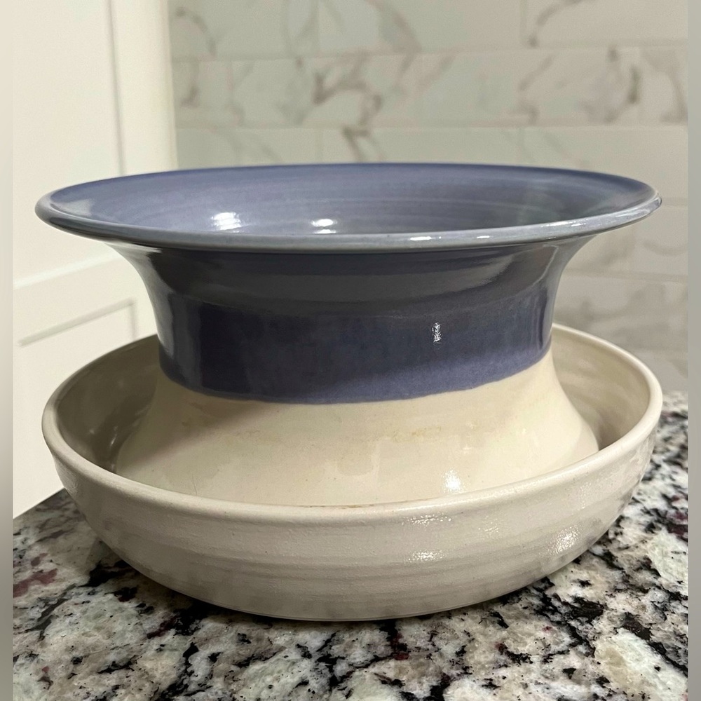 Ceramic Pottery Planter handmade w blue/white glaze & self-draining style